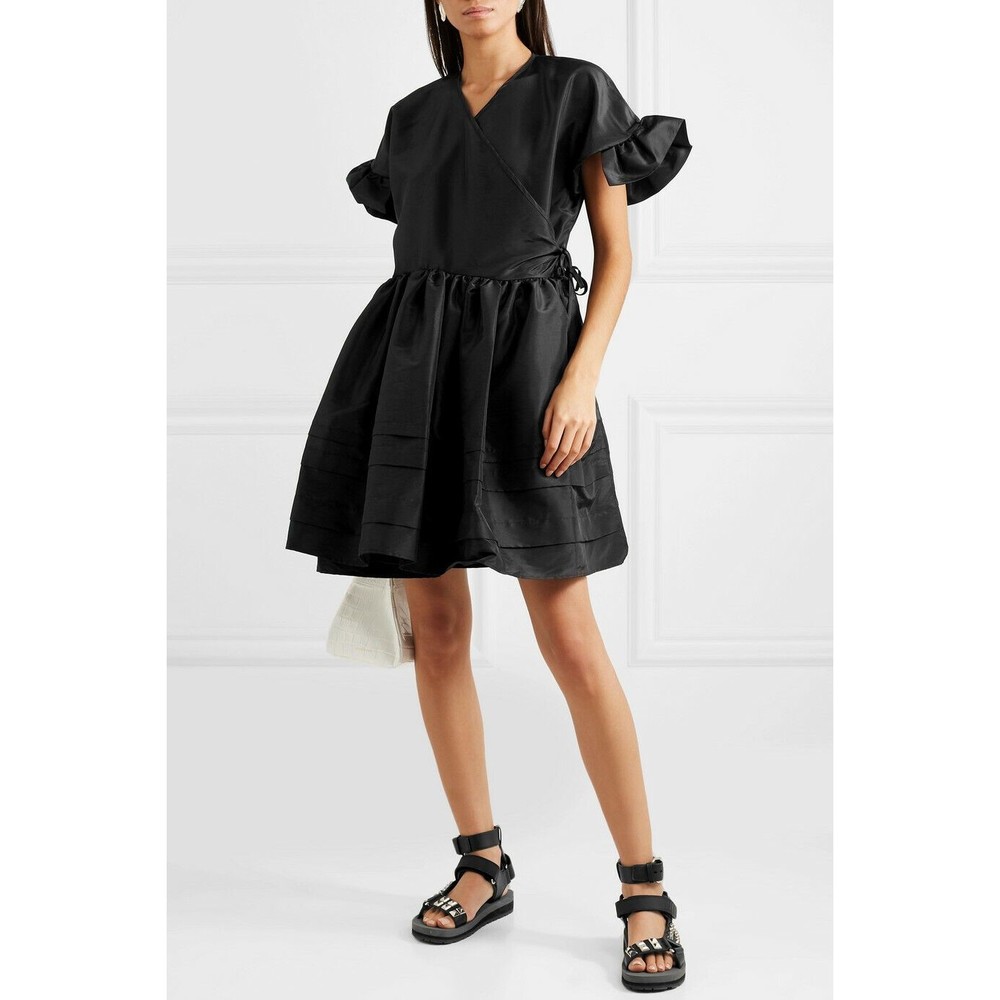 CECILIE BAHNSEN Black PRISCA Ruffle Satin Lustre Taffeta Wrap A-Line Dress M/L